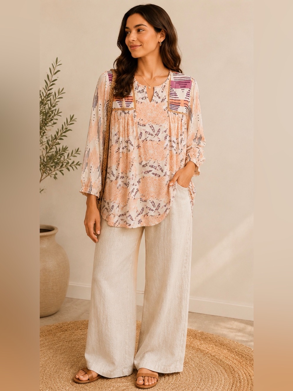 Main ST Floral Boho Tunic Top Medium Peach Lavender Peasant Blouse Cottagecore